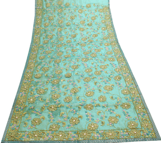 Sushila Vintage Aqua Blue Saree Organza Silk Floral Hand Beaded Dual Tone Fabric