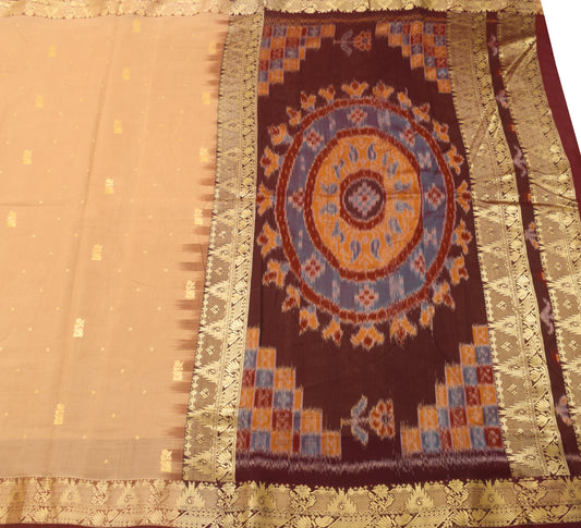 Sushila Vintage Beige Saree 100% Pure Cotton All Over Woven Floral Sari Fabric