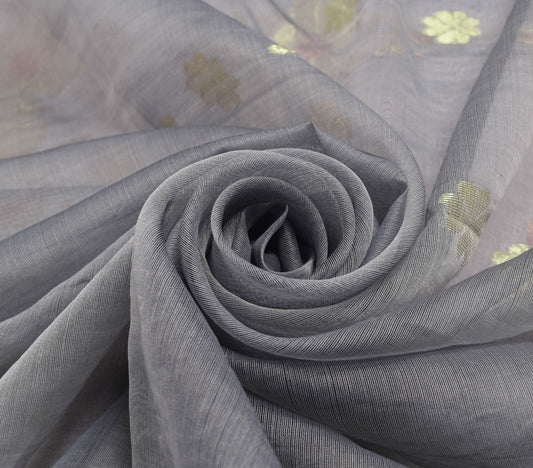 Sushila Vintage Gray Branded Saree Blend Cotton Floral Woven Sari Craft Fabric