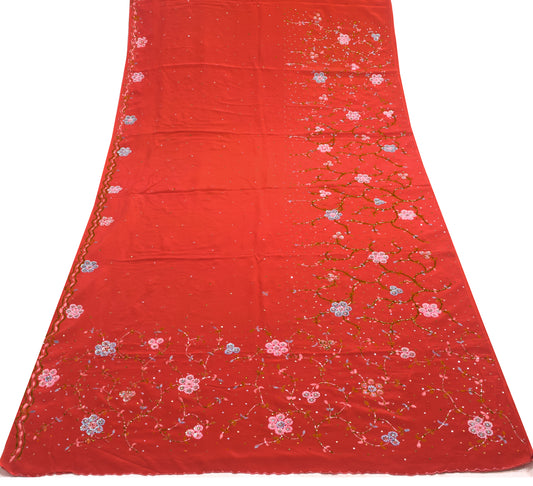 Sushila Vintage Dark Rust Saree Pure Crepe Silk Hand Beaded Sari Floral Fabric