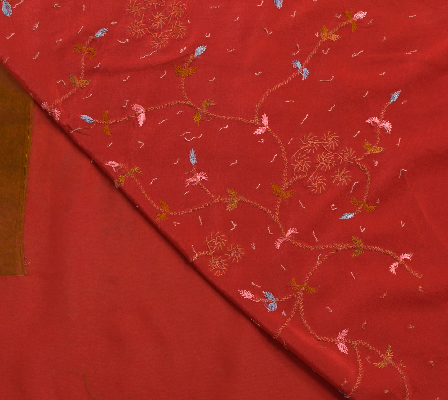 Sushila Vintage Dark Rust Saree Pure Crepe Silk Hand Beaded Sari Floral Fabric