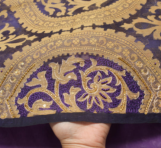 Sushila Vintage Purple Pure Organza Silk Saree Hand Beaded Floral Sari Fabric