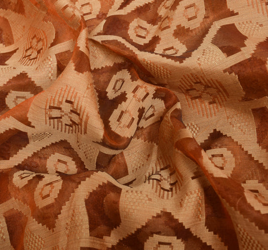 Sushila Vintage 100%Pure Organza Silk Saree Brown Embroidered  Sari Craft Fabric