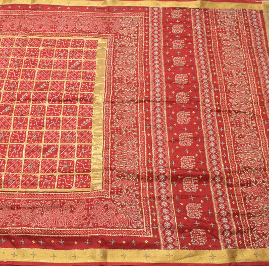 Sushila Vintage Pure Silk Maroon Gold Toned Woven Bandhani Printed Bridal Saree