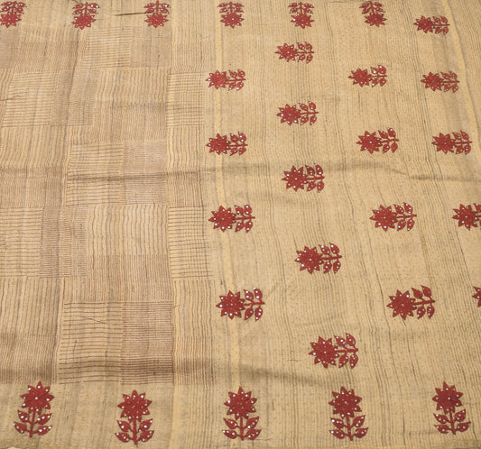 Vintage Brown 100% Pure Khadi Silk Saree Floral Embroidered Premium Sari Fabric