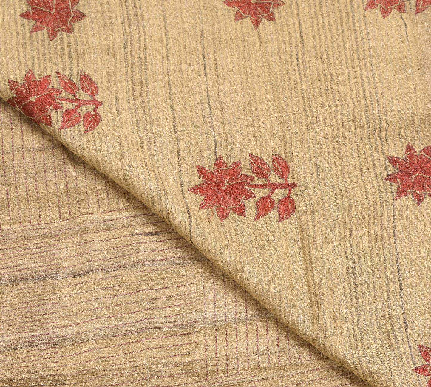 Vintage Brown 100% Pure Khadi Silk Saree Floral Embroidered Premium Sari Fabric