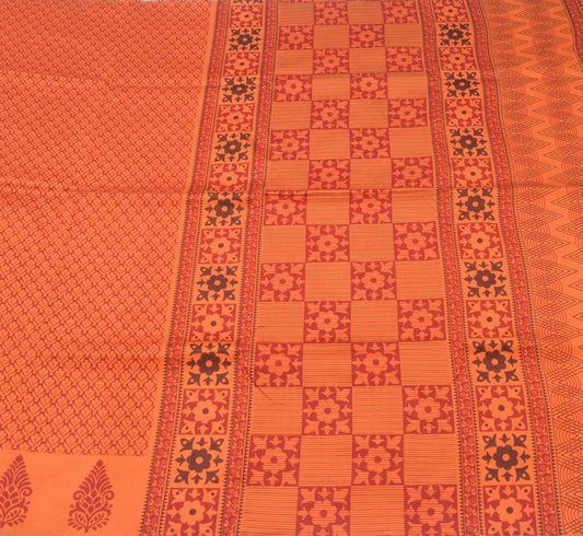 Sushila Vintage Orange Maroon Saree Printed Woven Silk Floral Sari Craft Fabric