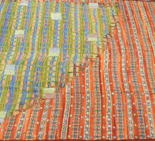 Sushila Vintage Multi-Color Pure Crepe Silk Saree Hand Embroidered Sari Fabric