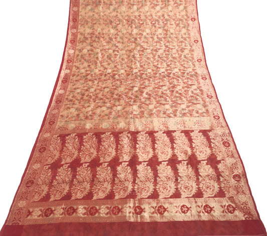 Sushila Vintage Maroon Brown Toned Saree 100%Pure Organza Silk Woven Sari Fabric
