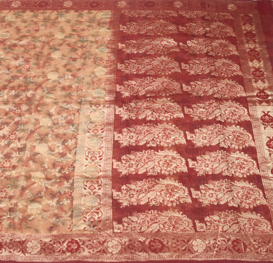 Sushila Vintage Maroon Brown Toned Saree 100%Pure Organza Silk Woven Sari Fabric