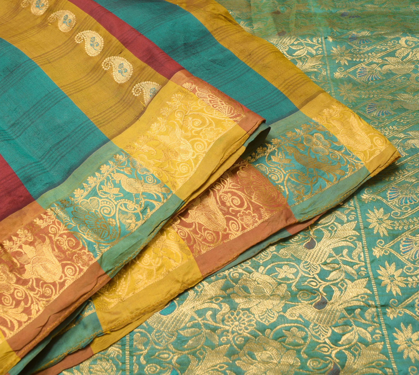 Sushila Vintage Kanjivaram Multi-Color Saree for Bright Look Pure Silk Gold Zari Brocade SariFabric