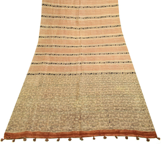 Sushila Vintage Brown Hand Block Printed Saree 100% Pure Silk Classy Sari Fabric