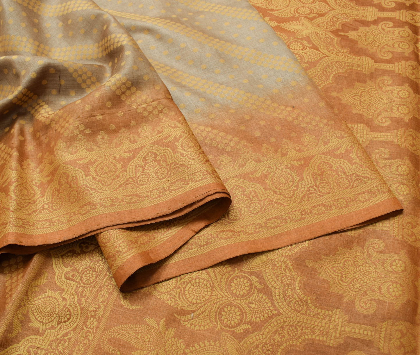 Sushila Vintage Brown 100% Pure Silk Saree Polka Dot Woven Sari Craft Fabric