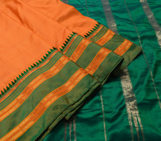 Sushila Vintage Pure Silk Checks Woven Saree in Bright Orange with Green Border