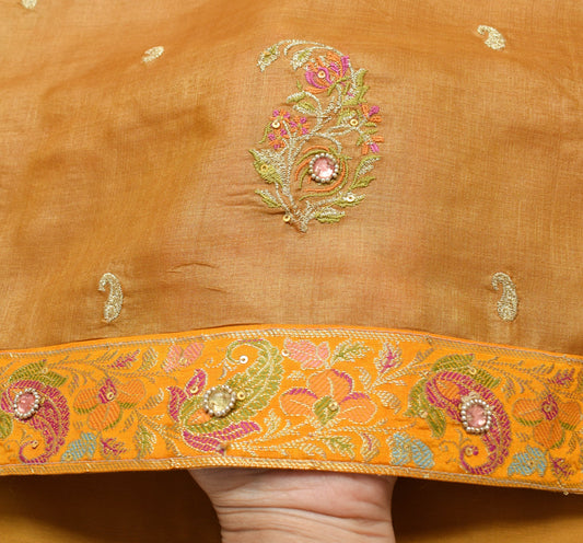 Sushila Vintage Mustard 100%Pure Silk Saree Floral Embroidered Sari Dress Fabric