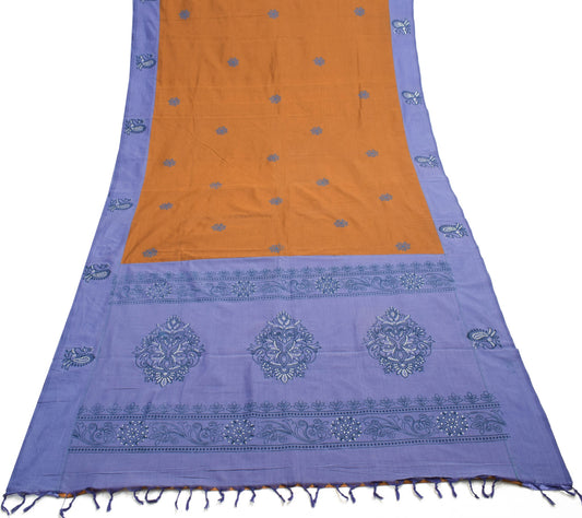 Sushila Vintage Brown Hand Printed Saree 100% Pure Cotton Peacock Sari Fabric