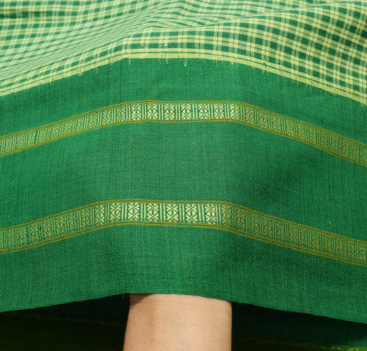 Sushila Vintage Handwoven Cotton Saree with Green and Yellow Fine Checks Fabric