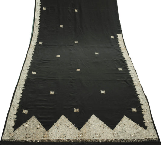 Sushila Vtg Black  Pure Crepe Silk Saree Zari Embroidered Premium Sari Fabric