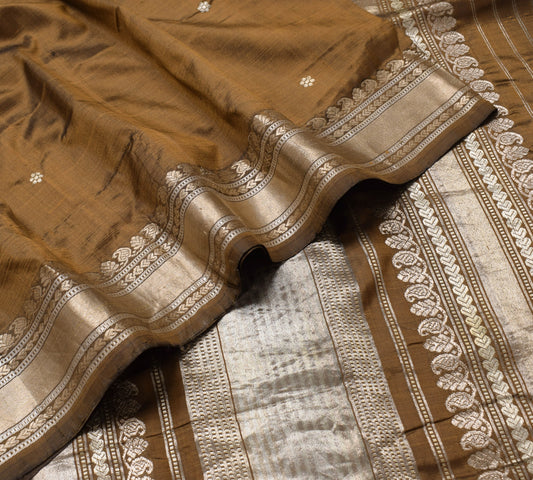 Sushila Vintage Brown Zari Brocade Saree 100% Pure Silk Party Wear Sari Fabric
