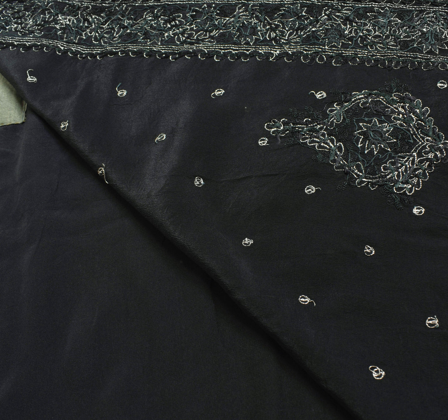 Sushila Vintage Black Hand Embroidered Saree Pure Crepe Silk Sari Soft Fabric