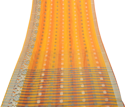 Sushila Vintage Yellow Orange Silk Saree Peacock Woven Sari With Blouse Fabric