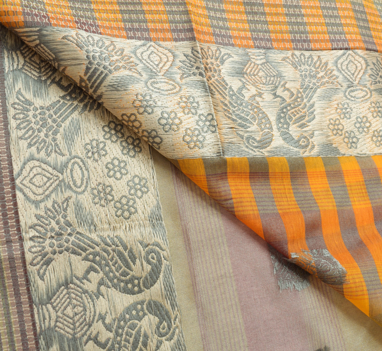 Sushila Vintage Yellow Orange Silk Saree Peacock Woven Sari With Blouse Fabric