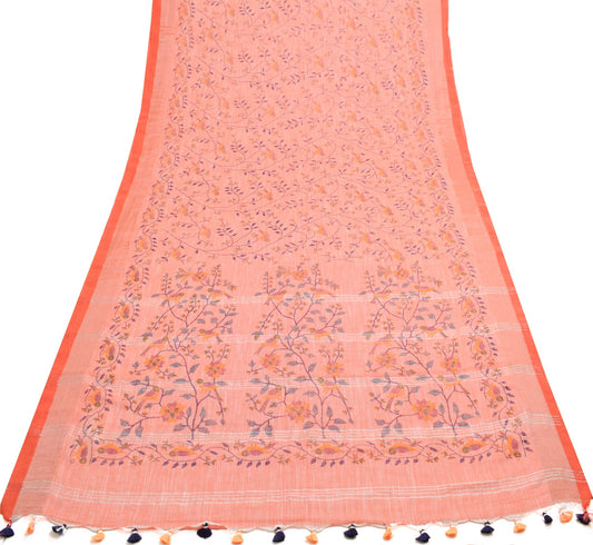 Sushila Vintage Peach Saree 100%Pure Cotton Hand Printed Birds Sari Craft Fabric