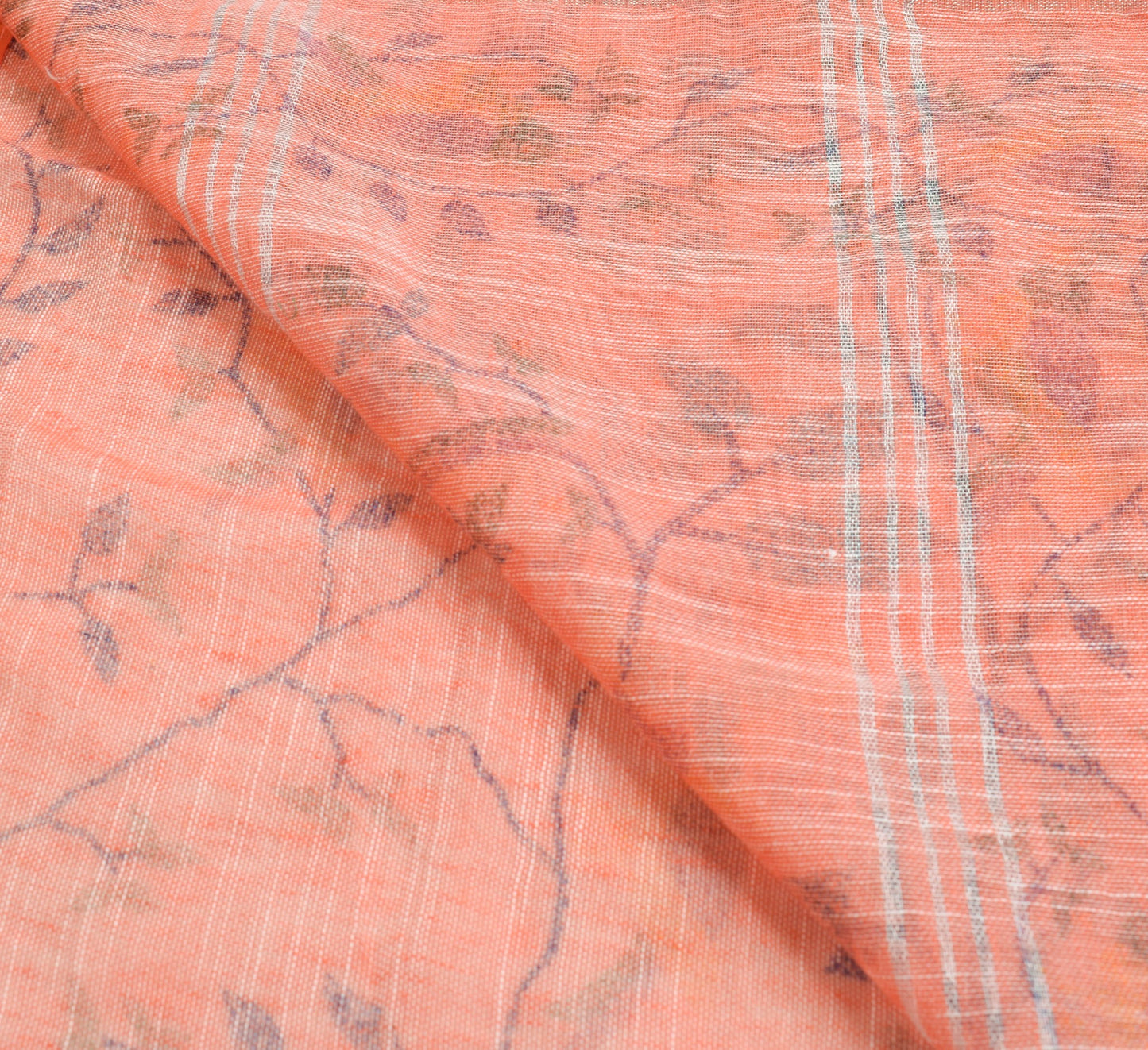 Sushila Vintage Peach Saree 100%Pure Cotton Hand Printed Birds Sari Craft Fabric