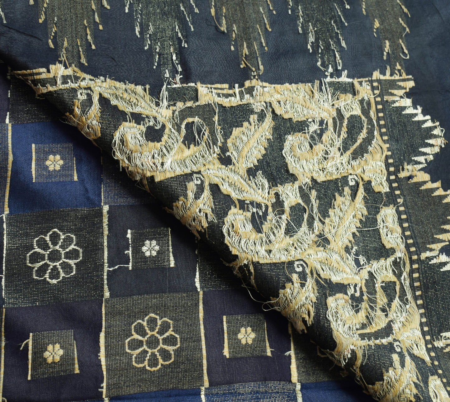 Sushila Vintage Dark Blue Saree 100% Pure Silk Checks Woven Wedding Sari Fabric