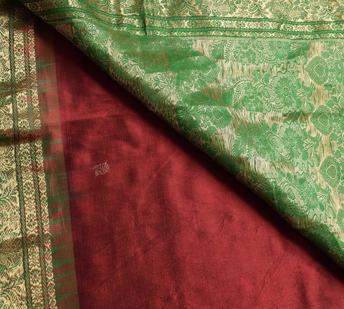 Sushila Vintage Maroon Wedding Silk Saree with Zari Brocade Green Border Fabric