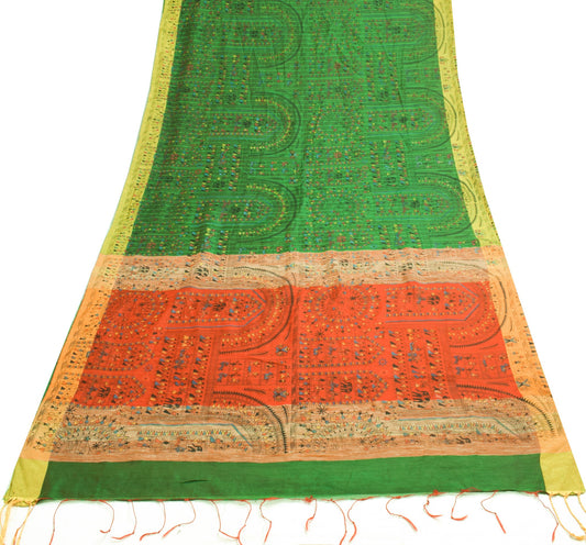 Sushila Vintage Warli Printed Art Silk Saree in Green and Red Sari Craft Fabric
