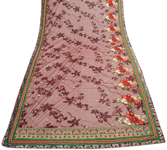 Sushila Vintage Red Black Net Mesh HEAVY Saree Hand Beaded Floral Sari Fabric