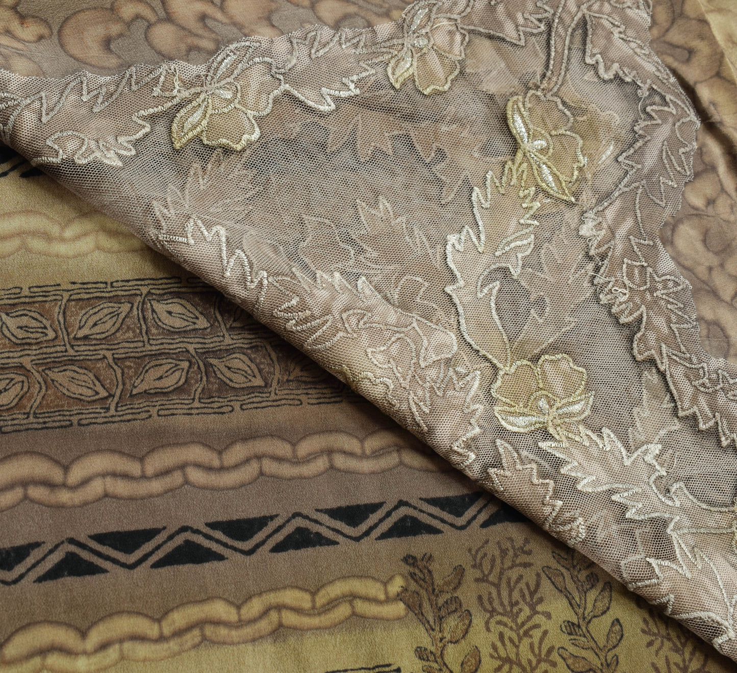Sushila Vintage Brown Crepe Silk & Net Saree Embroidered Designer Sari Fabric