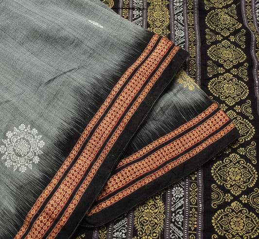 Sushila Vintage Gray Handloom Saree 100%Pure Cotton Woven Soft Sari Craft Fabric
