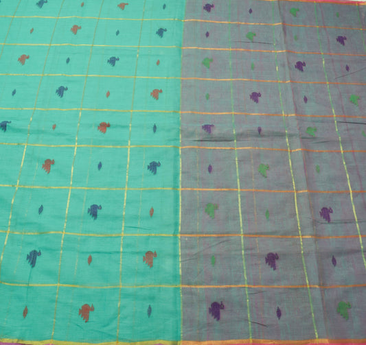 Sushila Vintage Teal Green Tant Woven Saree 100% Pure Cotton Sari Craft Fabric