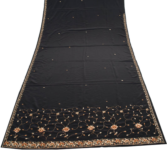 Sushila Vintage Crepe Silk Black Saree Hand Embroidered Soft Sari Dress Fabric