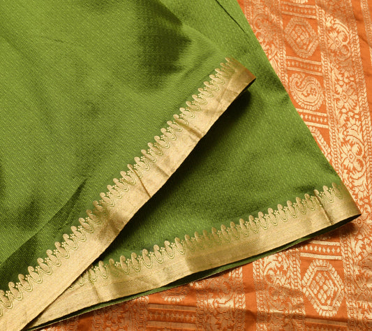 Sushila Vintage Green Rust Saree Pure Silk Zari Brocade Sari with Blouse Fabric