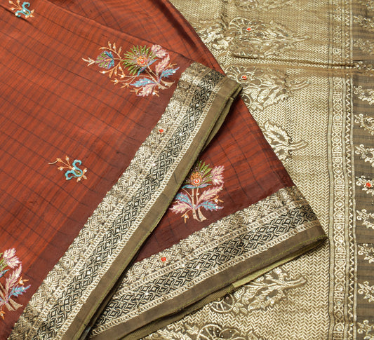 Sushila Vintage Dark Rust 100% Pure Silk Saree Hand Beaded Classy Sari Fabric