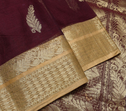 Sushila Vintage Maroon Saree with Broad Brocade Border Pure Cotton Sari Fabric