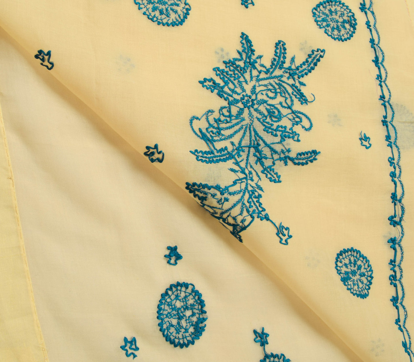 Sushila Vintage Cream Art Cotton Saree With Chikankari Lucknowi Work Sari Fabric