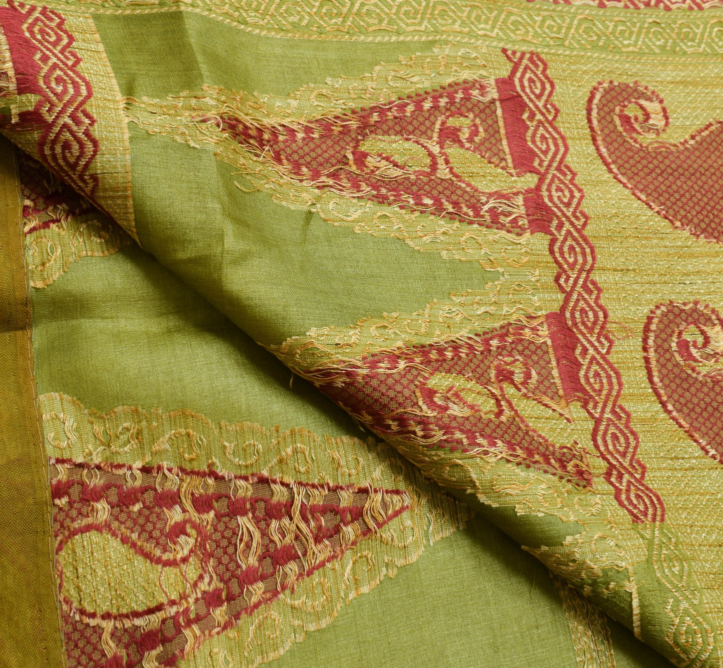 Sushila Vintage Henna Green Saree 100% Pure Tussar Silk Woven Sari Craft Fabric