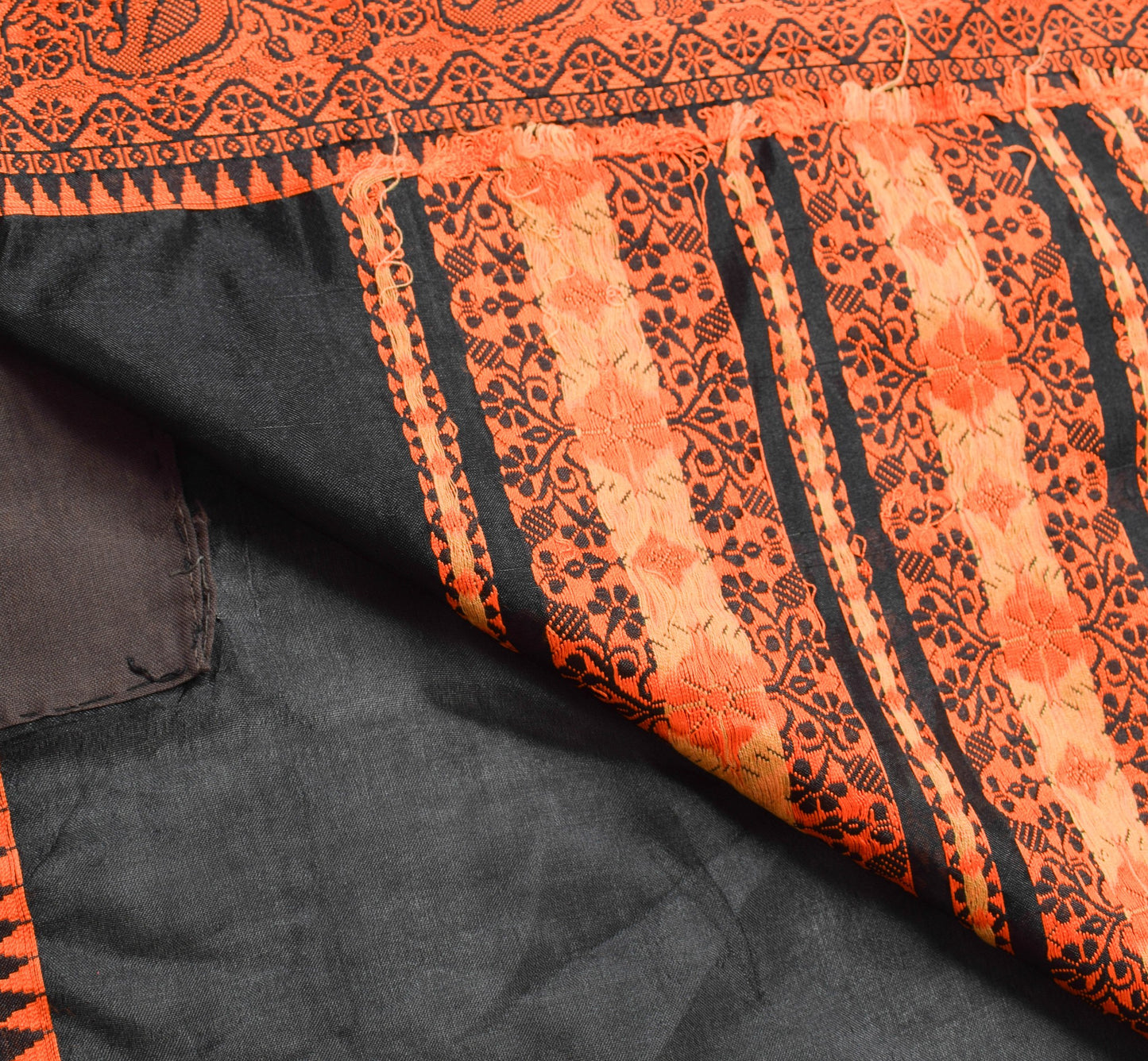 Sushila Vintage Black & Dark Orange Saree Elegance Woven Soft Silk Sari Fabric