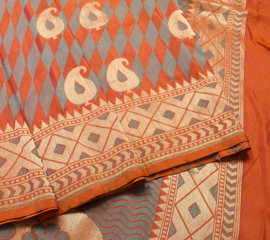 Sushila Vintage Rust Dual Tone Traditional Saree 100%Pure Silk Woven Sari Fabric