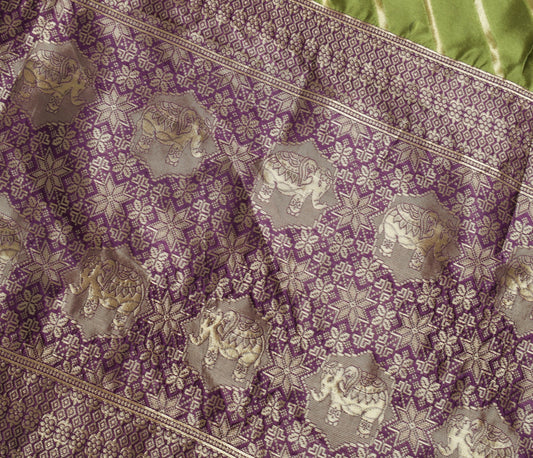 Sushila Vintage Green Silk Saree Stripes Woven Sari with Purple Blouse Fabric