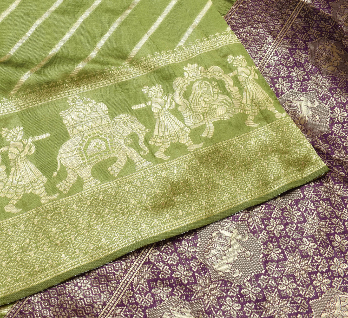 Sushila Vintage Green Silk Saree Stripes Woven Sari with Purple Blouse Fabric