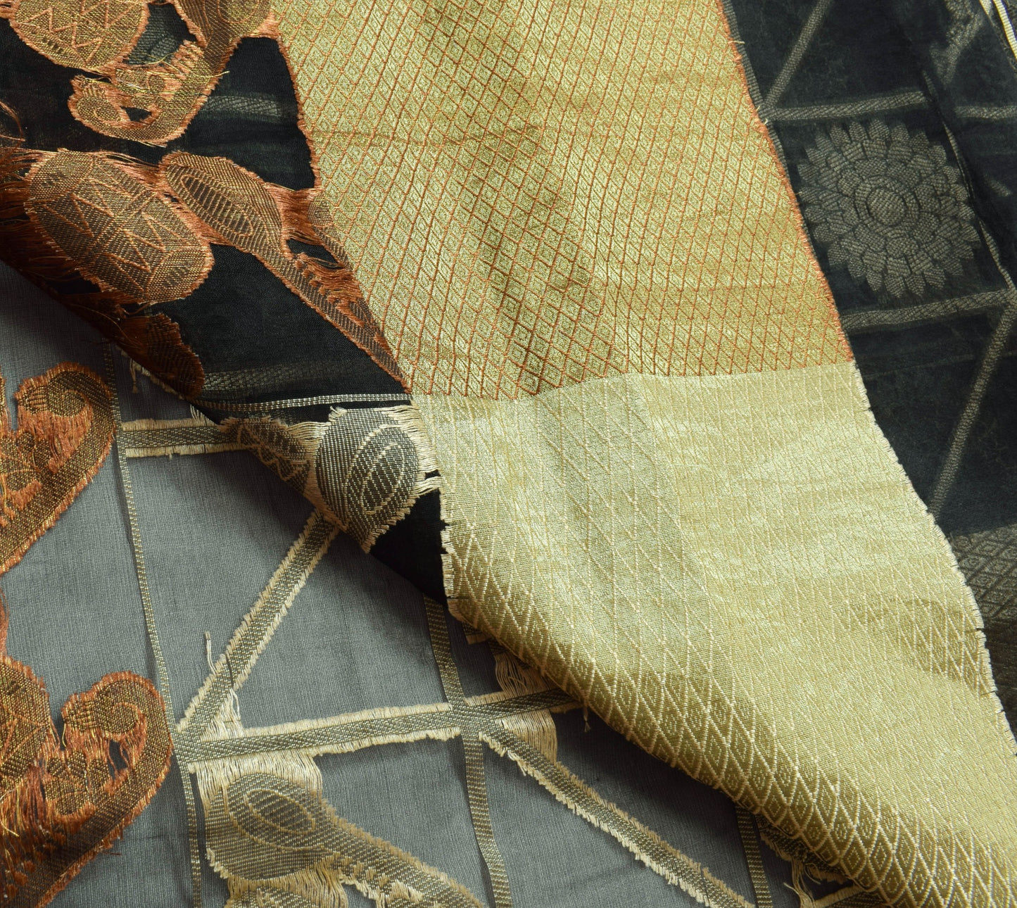 Sushila Vintage Black Silk Saree Mandala & Instrument Woven Sari Craft Fabric