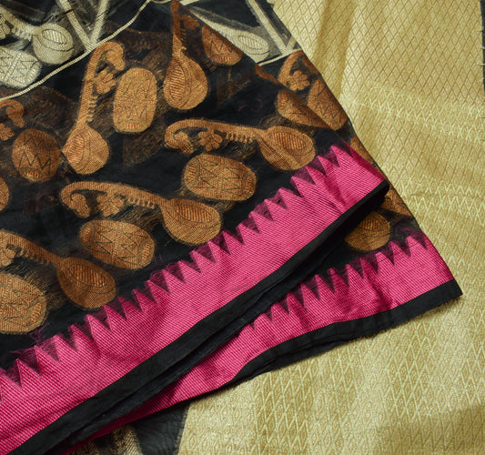 Sushila Vintage Black Silk Saree Mandala & Instrument Woven Sari Craft Fabric