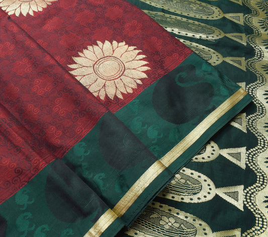 Sushila Vintage Maroon & Green Silk Saree Floral Woven Wedding Sari Craft Fabric