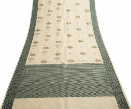 Sushila Vintage Beige Woven Saree 100% Pure Silk Floral Embroidered Sari Fabric