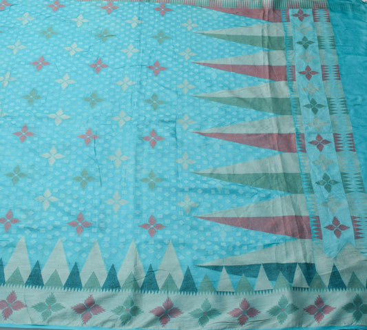 Sushila Vintage Aqua Blue Saree Pure Tussar Silk Woven Geometrical Sari Fabric